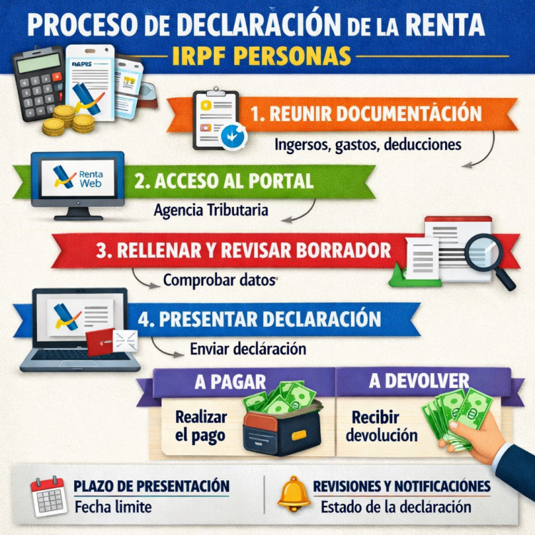 Steps for income tax declaration including gathering documents, accessing portal, reviewing draft, submitting declaration, paying or receiving refund.