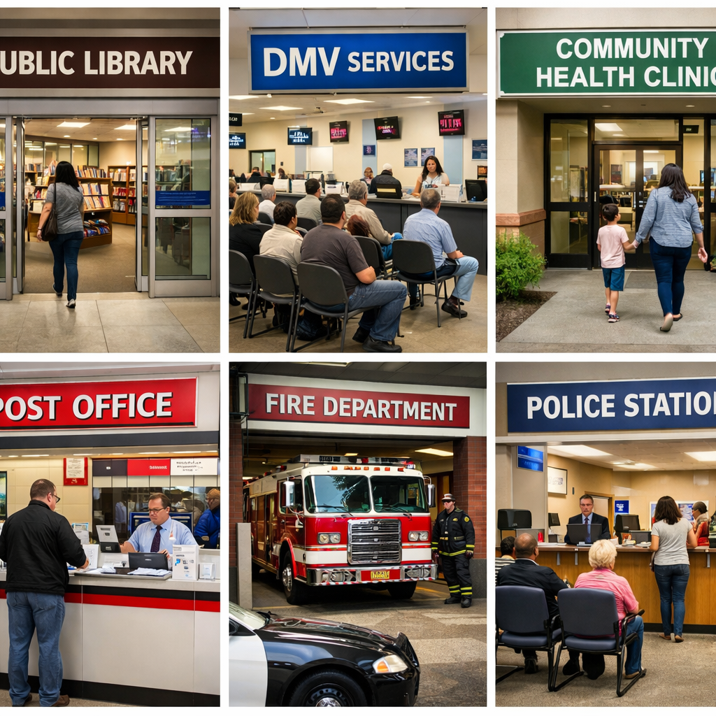 Entrances and interiors of community public service locations including library, DMV, health clinic, post office, fire department, and police station